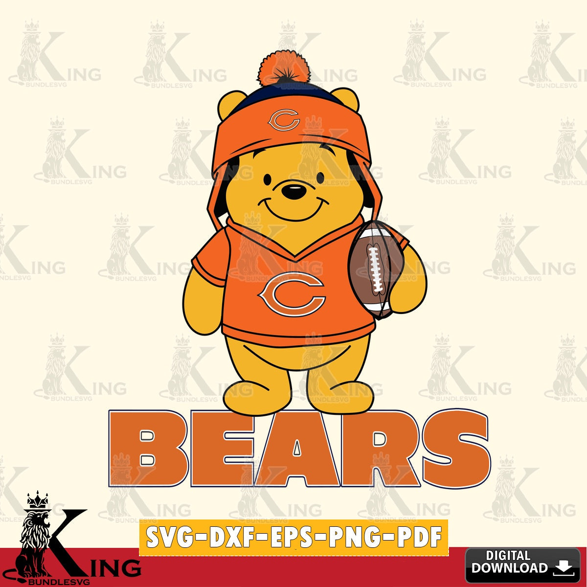 Beautiful illustration of a Chicago Bears Winnie the Pooh player football, digital file for silhouette cameo and cricut projects.