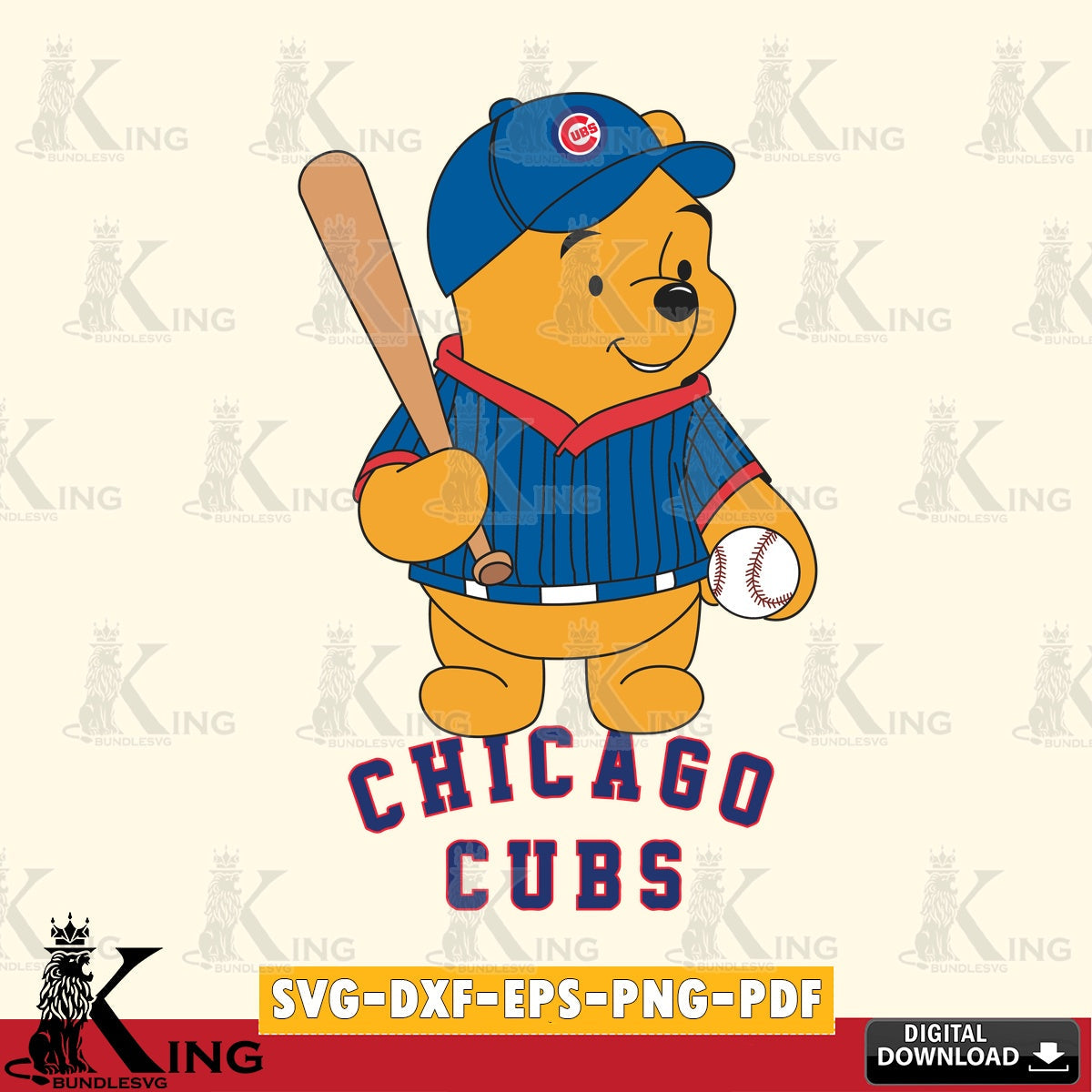 Digital download featuring a Chicago Cubs baseball batter Winnie the Pooh crafting file for iron-on transfer and vinyl decals.