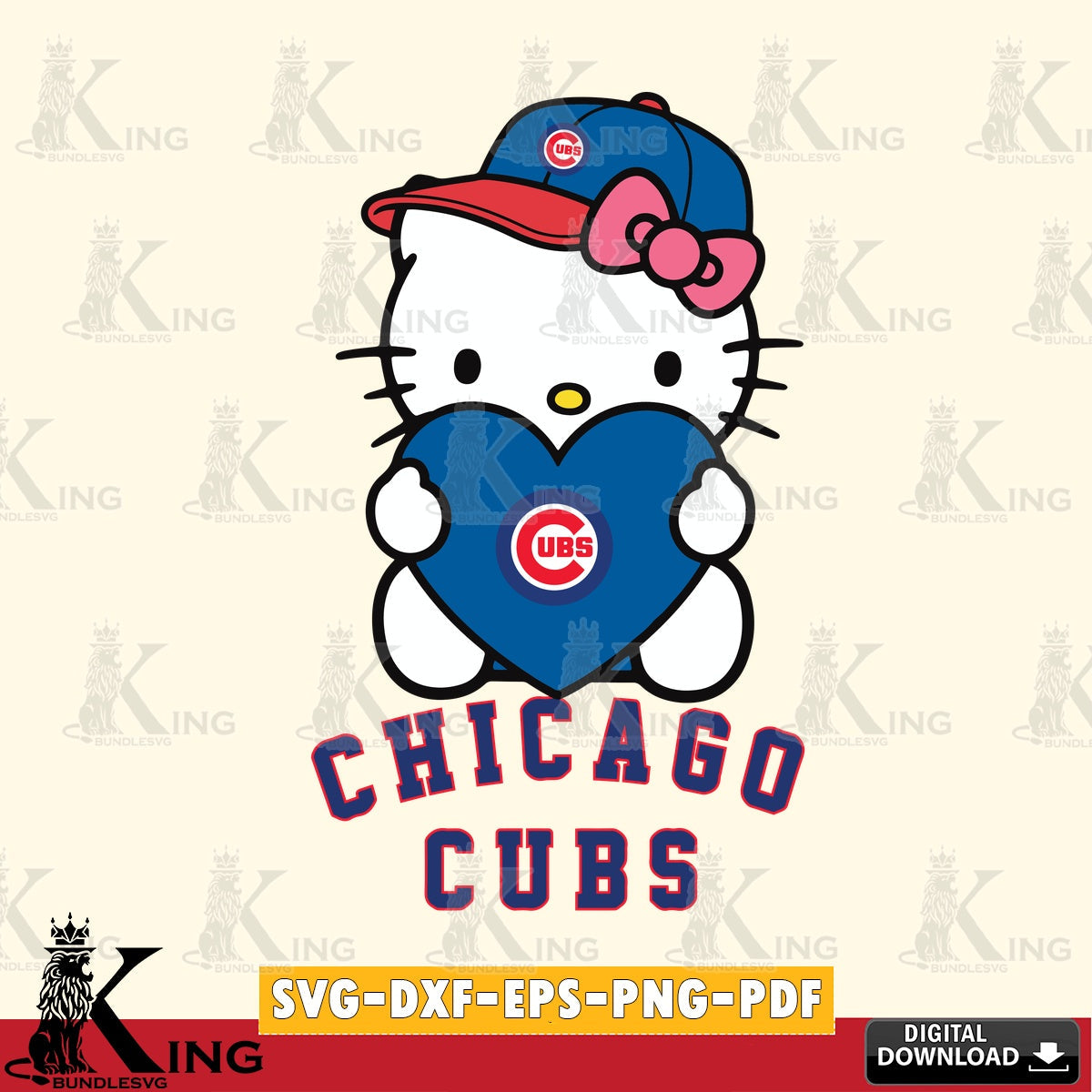 Giant set featuring Chicago Cubs Hello Kitty baseball heart, a crafting file for iron-on transfer and vinyl decals