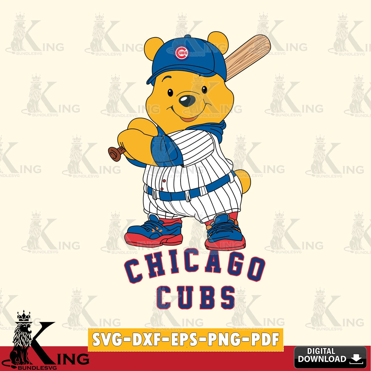 Digital download featuring Chicago Cubs Winnie the Pooh baseball player SVG PNG files perfect for Cricut and Silhouette cutting