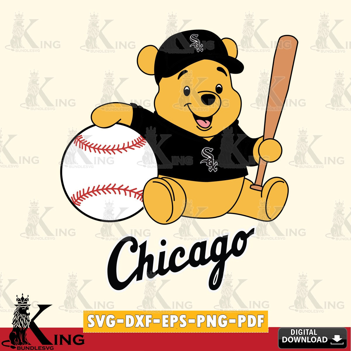 Detailed illustration of a Chicago White Sox Winnie the Pooh baseball star player, a digital file for silhouette cameo and cricut