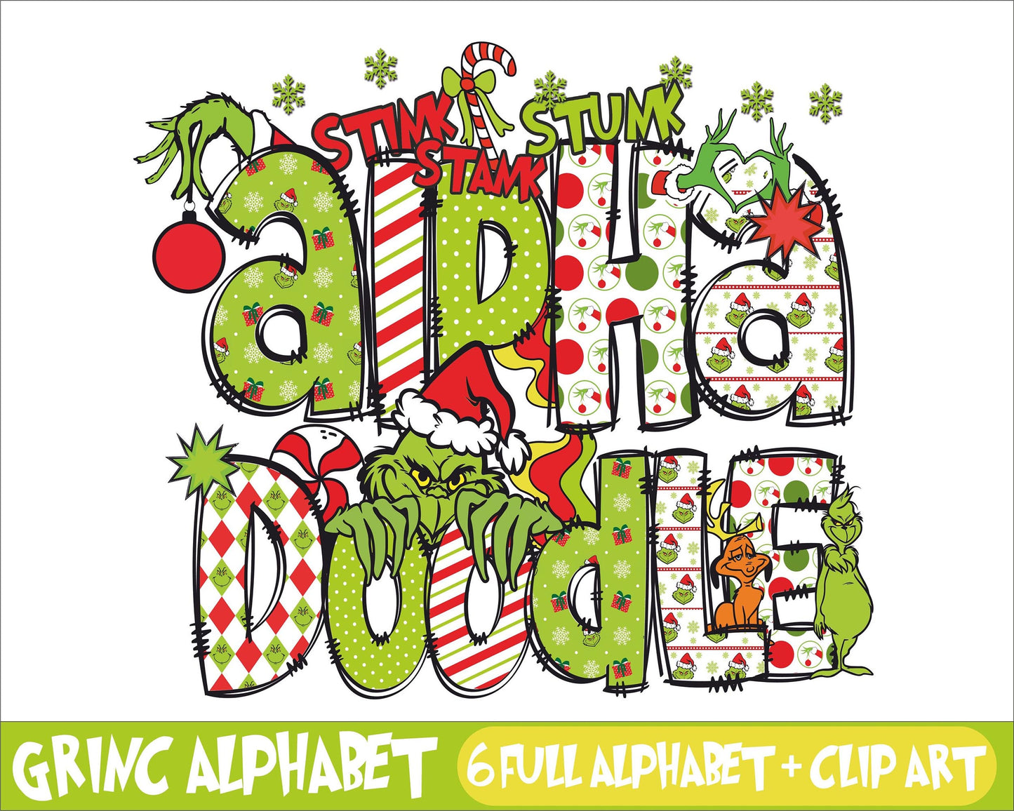 Christmas Grinc Clip Art + Doodle Letters and Numbers, Uppercase Alphabet Set, for Cricut, Silhouette, digital, file cut