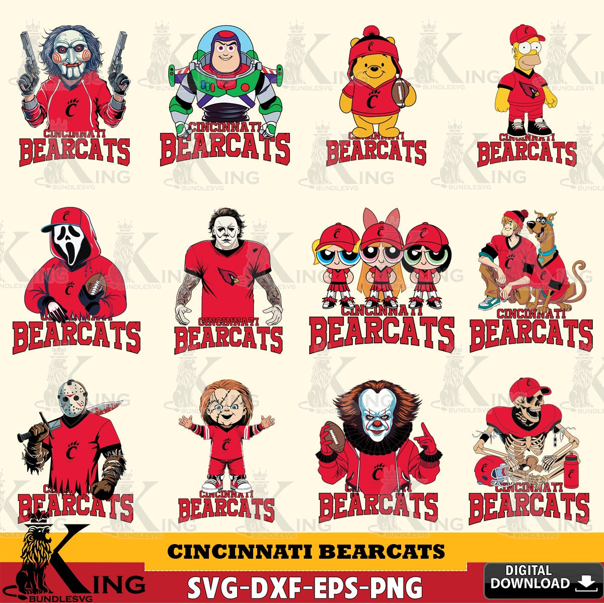 Exclusive set of Cincinnati Bearcats Cartoon Football NCAA Bundle SVG cut file for personalized gifts and laser projects