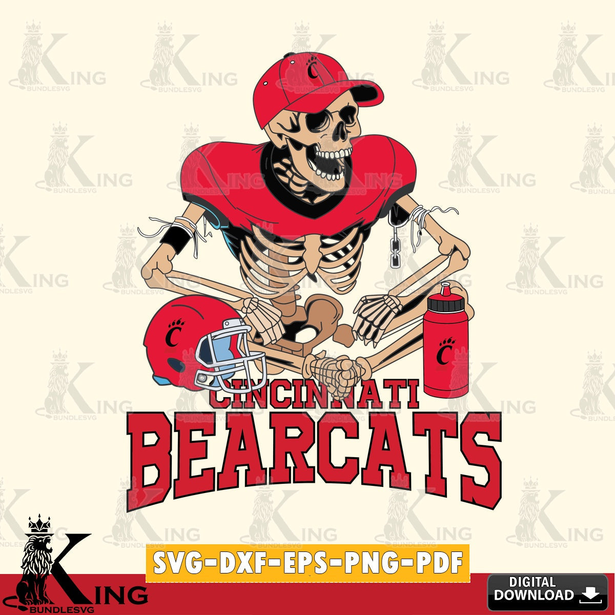 Creative design featuring a Cincinnati Bearcats skeleton player football, PNG clipart for sublimation printing and graphic design