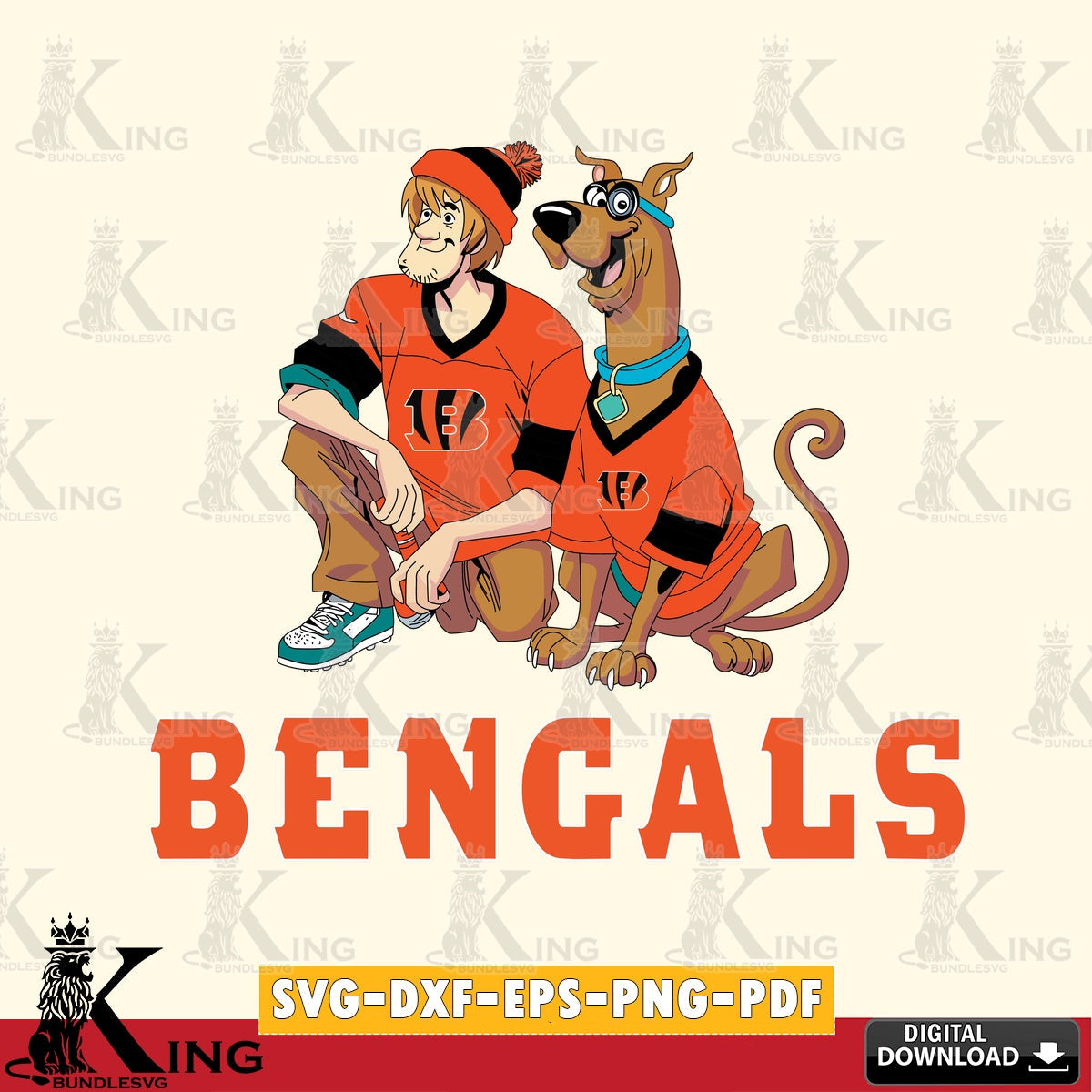 Detailed illustration of Cincinnati Bengals Shaggy and Scooby Doo football, SVG PNG files perfect for Cricut and Silhouette