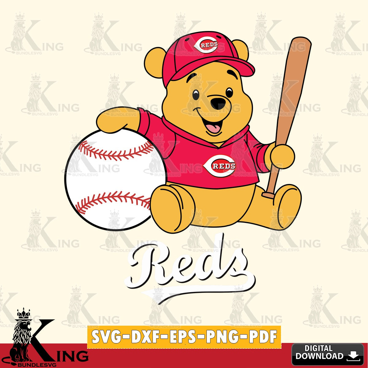 Beautiful illustration of Cincinnati Reds Winnie the Pooh baseball star player PNG clipart for sublimation printing and graphic
