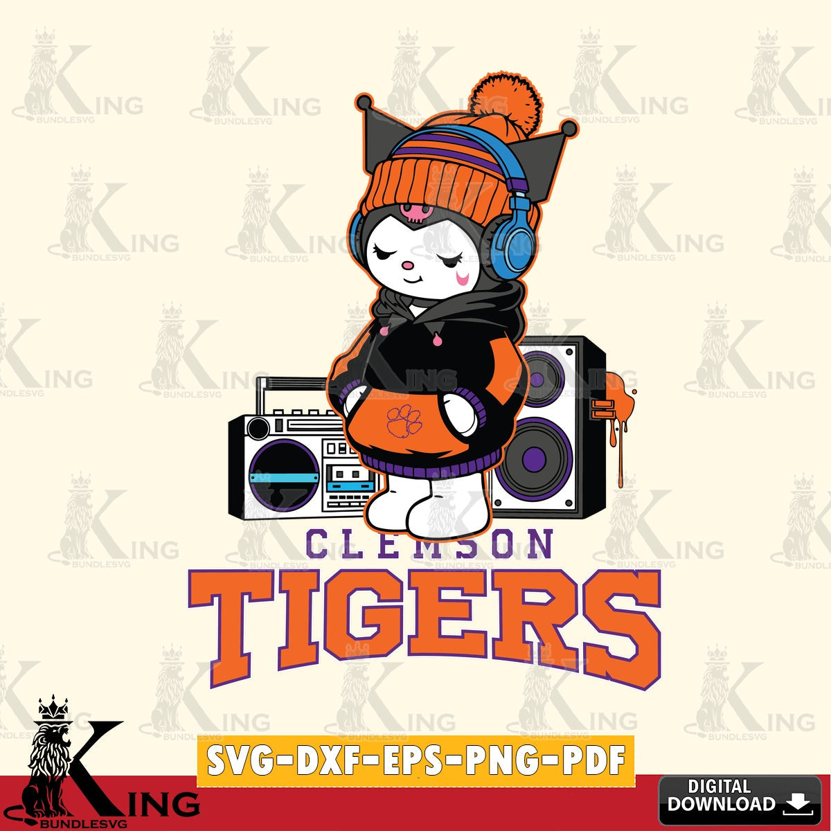 Clemson Tigers Kuromi Football Music SVG file, Cricut, Cut file , Digital Download , Instant Download, Sanrio svg, Clipart