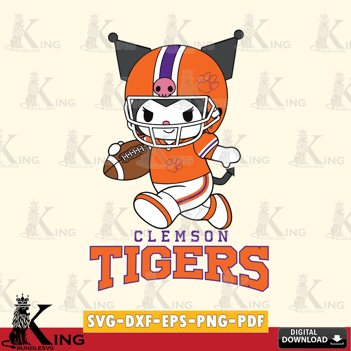 Clemson Tigers Kuromi Football Run SVG file, Cricut, Cut file , Digital Download , Instant Download, Sanrio svg, Clipart