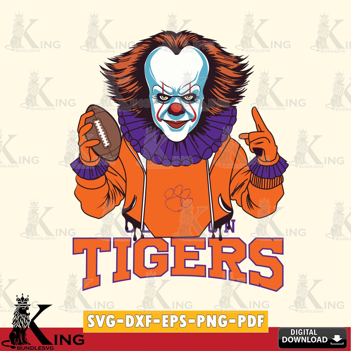 Stylish representation of Clemson Tigers Pennywise football player as PNG clipart for sublimation printing and graphic design
