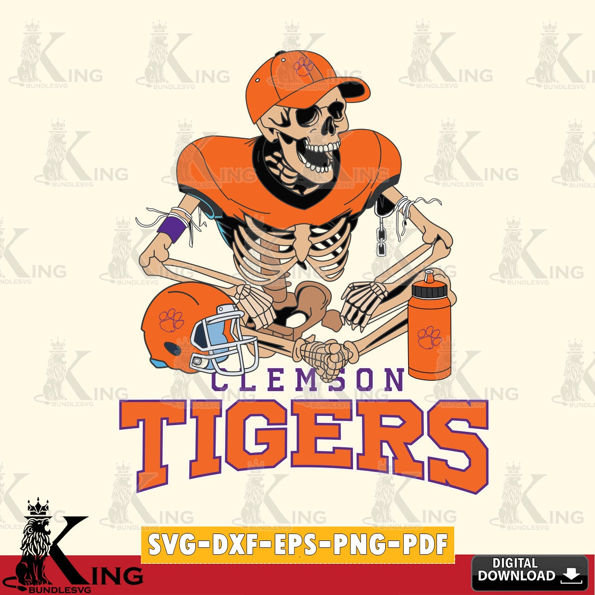 Printable art of a Clemson Tigers skeleton player football, cut file ideal for vinyl projects and T-shirt printing