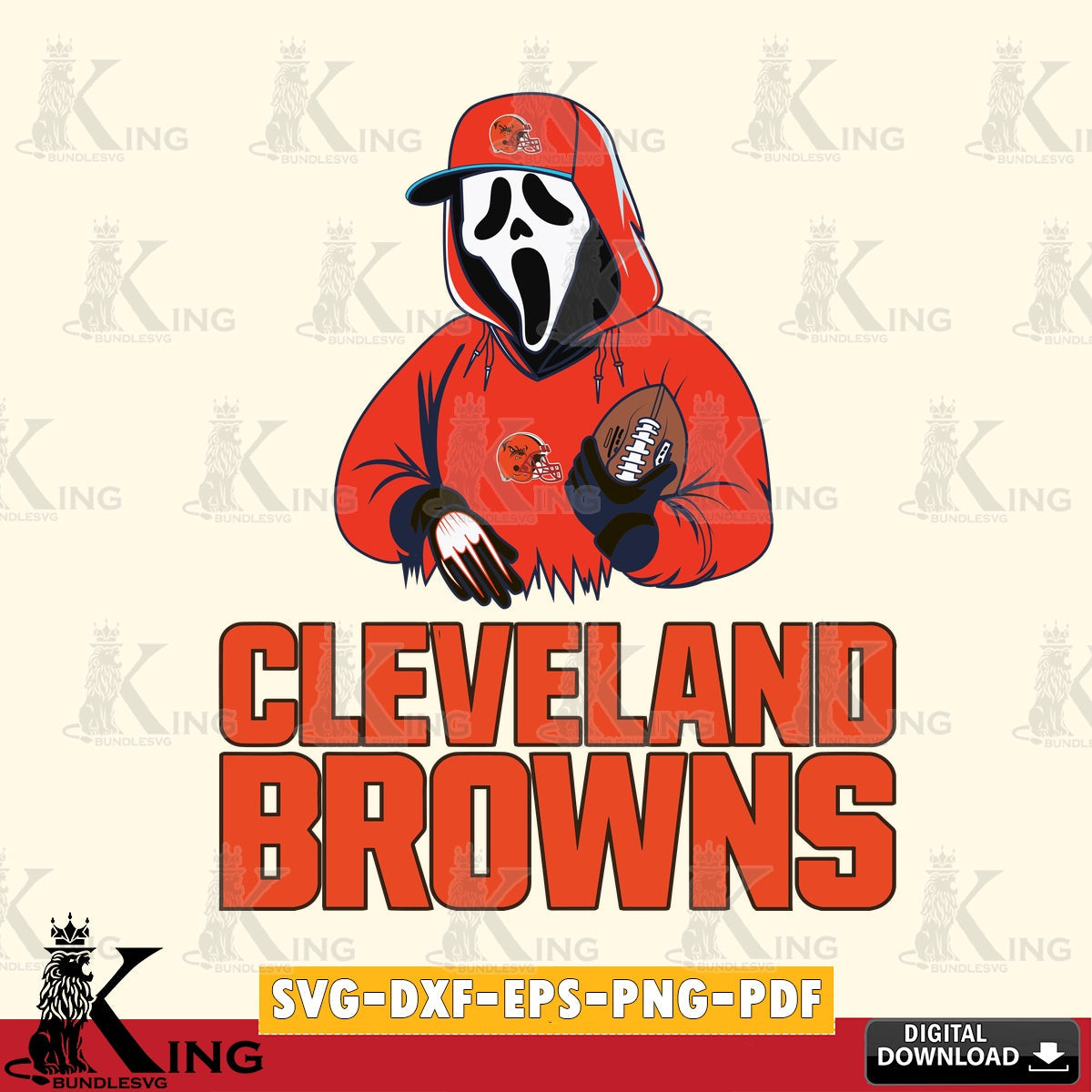 Hand-drawn style art of Cleveland Browns Ghostface Scream player Football, NFL cut SVG PNG files perfect for Cricut and