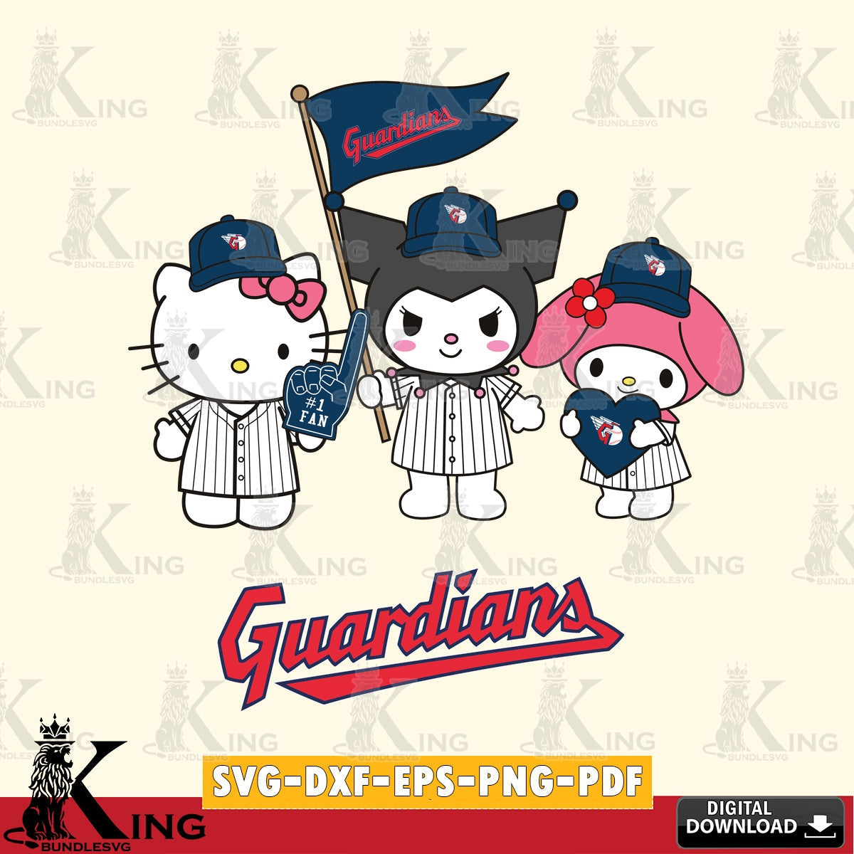 Hand-drawn style art of Cleveland Guardians Kawaii friends Baseball, SVG cut file for personalized gifts and laser projects