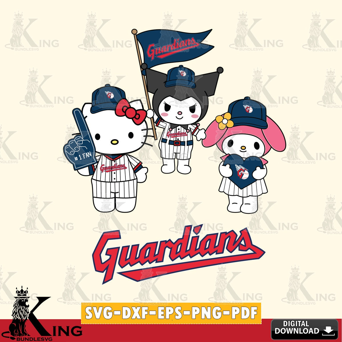 Modern graphic depicting Cleveland Guardians Sanrio Squad cute, a digital clipart compatible with laser engraving and cutting