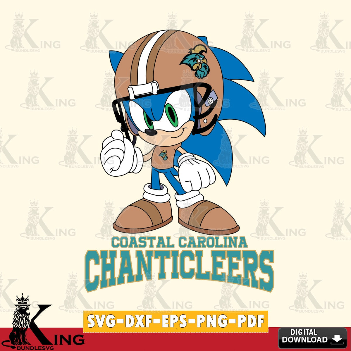 Vector design showing Coastal Carolina Chanticleers Sonic Football Mascot digital clipart compatible with laser engraving and