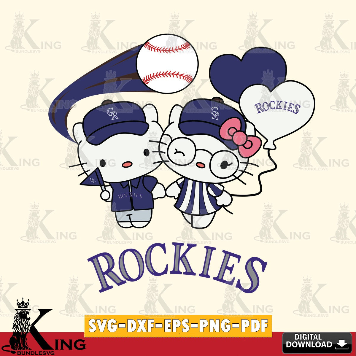 Giant set featuring a Colorado Rockies Hello Kitty baseball couple, PNG clipart for sublimation printing and graphic design