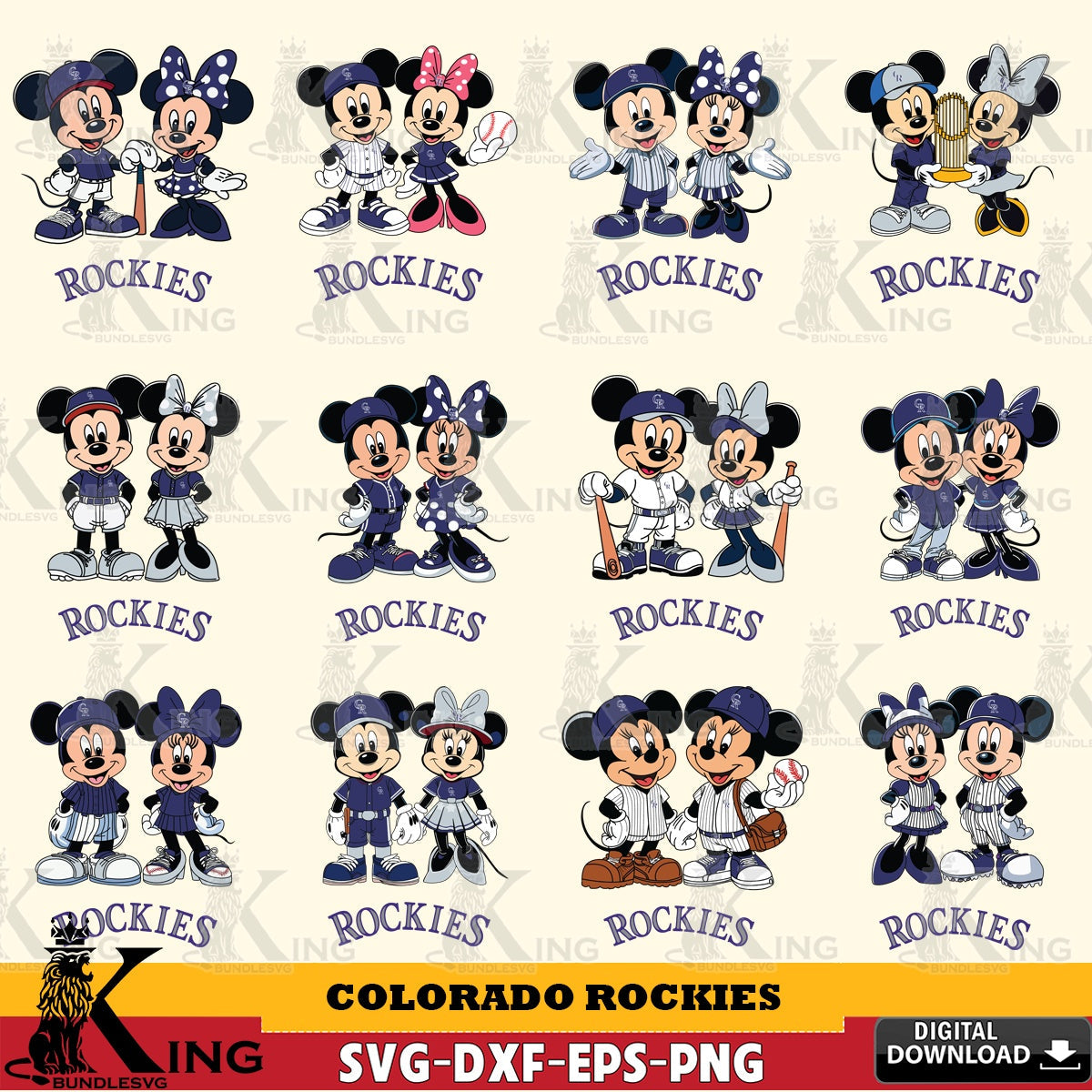 Colorado Rockies Mickey Minnie Baseball Player MLB Bundle SVG file , For Cricut, File cut , Digital Download , PDF File, Cut Files