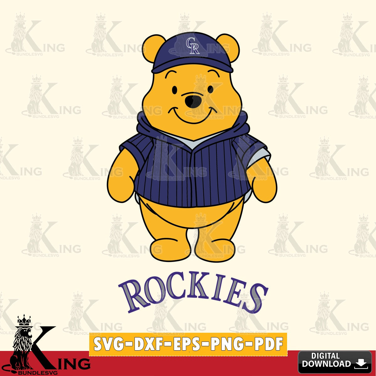 Beautiful illustration of Colorado Rockies Pooh Bear baseball mascot, crafting file for iron-on transfer and vinyl decals.