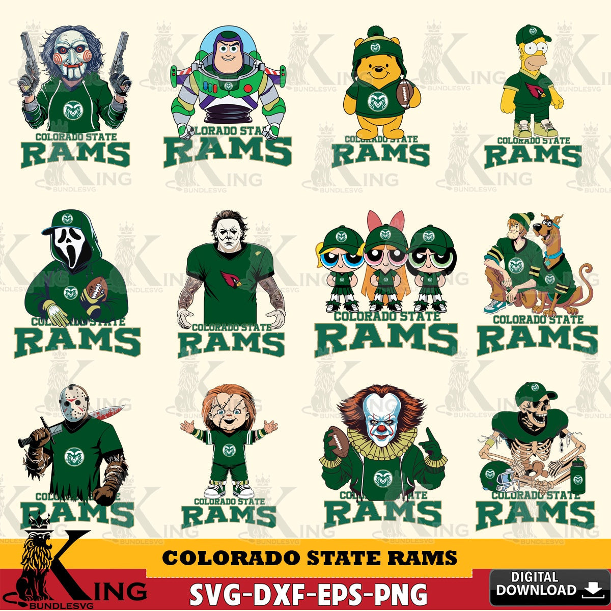 Ultimate set containing Colorado State Rams Cartoon Football NCAA Bundle SVG PNG files perfect for Cricut and Silhouette cutting