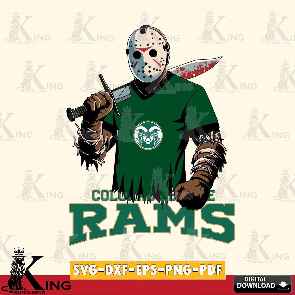 Eye-catching graphic of a Colorado State Rams Jason Voorhees Football design, a digital download for Cricut Maker and paper