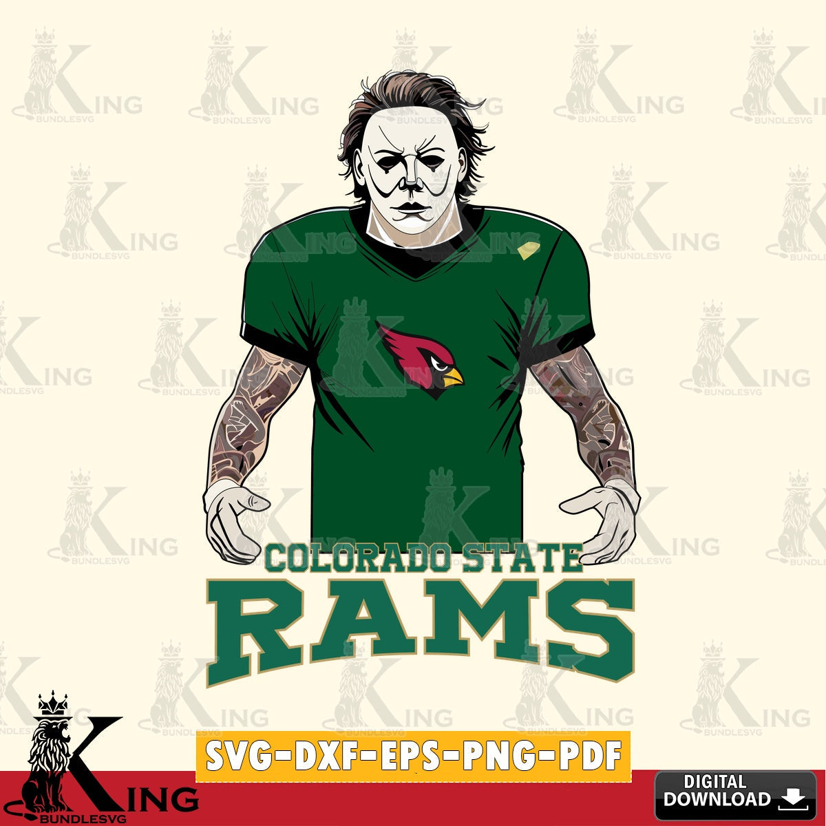 Beautiful illustration of a Colorado State Rams Michael Myers tattoo football, NCAA vector illustration for POD merchandise and