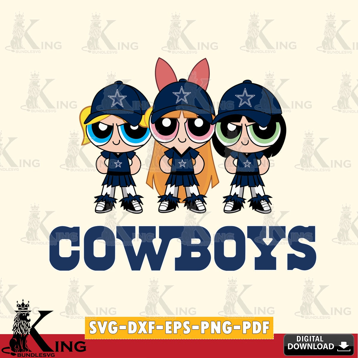 Digital download featuring Dallas Cowboys PowerPuff Girls football design, SVG PNG files perfect for Cricut and Silhouette
