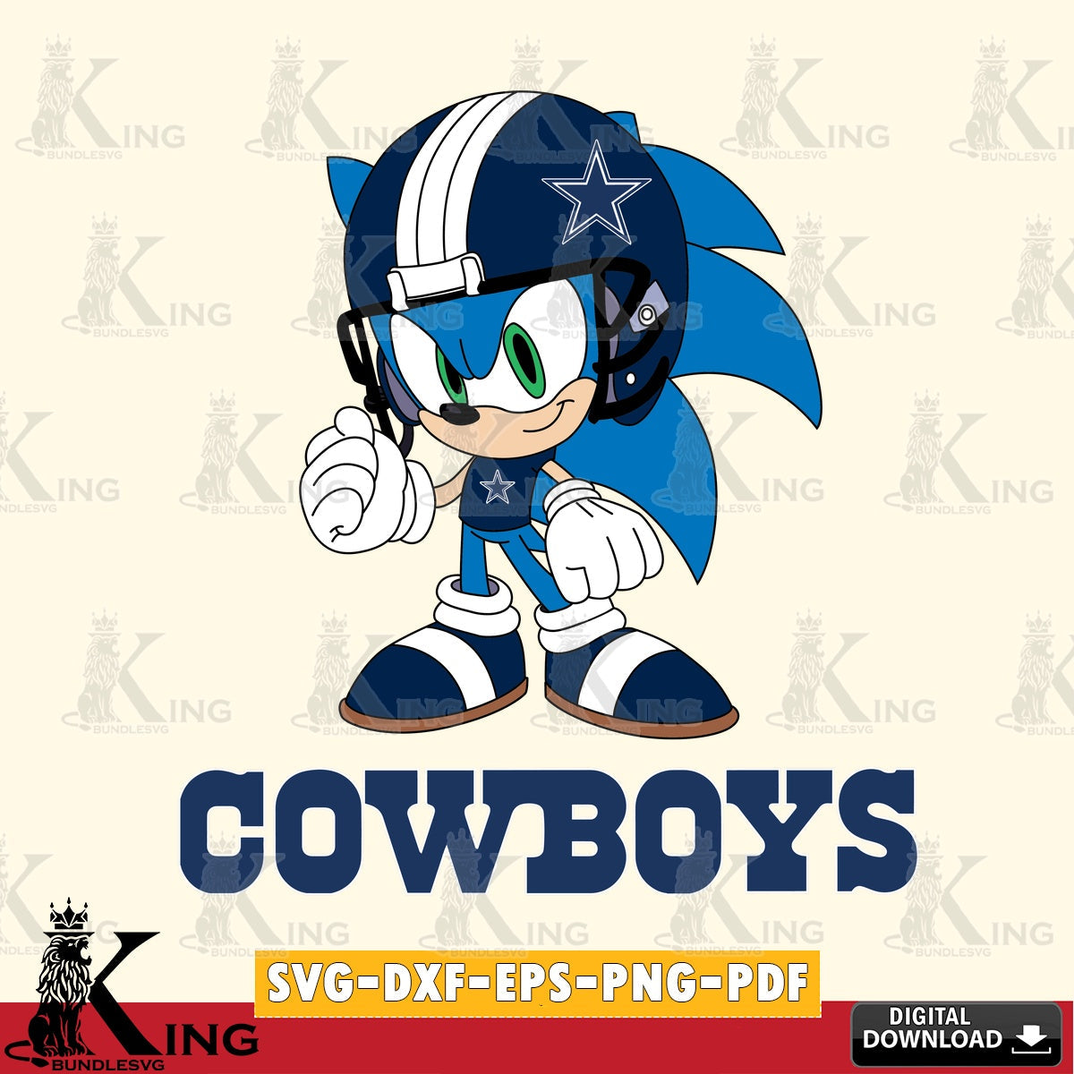 Unique artwork depicting a Dallas Cowboys Sonic Football Mascot PNG clipart for sublimation printing and graphic design