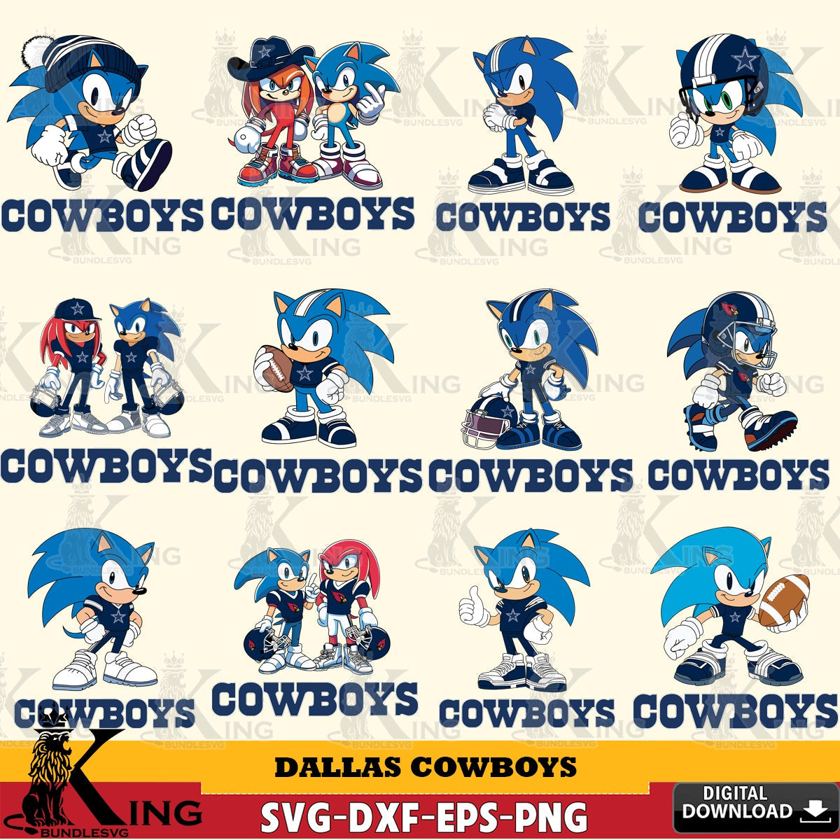 Complete bundle for Dallas Cowboys Sonic & Knuckles NFL Football, versatile clip art for stickers, decals, and mugs