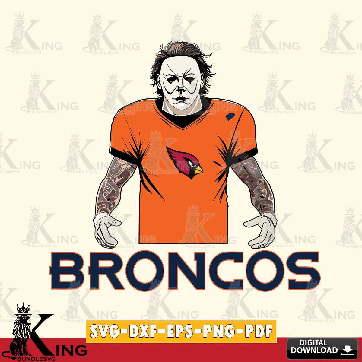 Unique artwork depicting a Denver Broncos Michael Myers tattoo football as a crafting file for iron-on transfer and vinyl decals.
