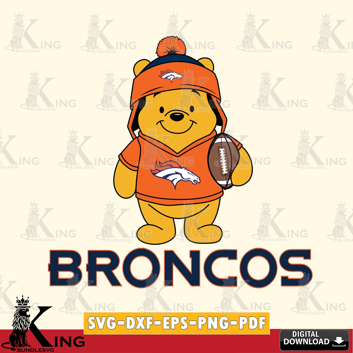 Detailed illustration of a Denver Broncos Winnie the Pooh football player, versatile clip art for stickers, decals, and mugs.