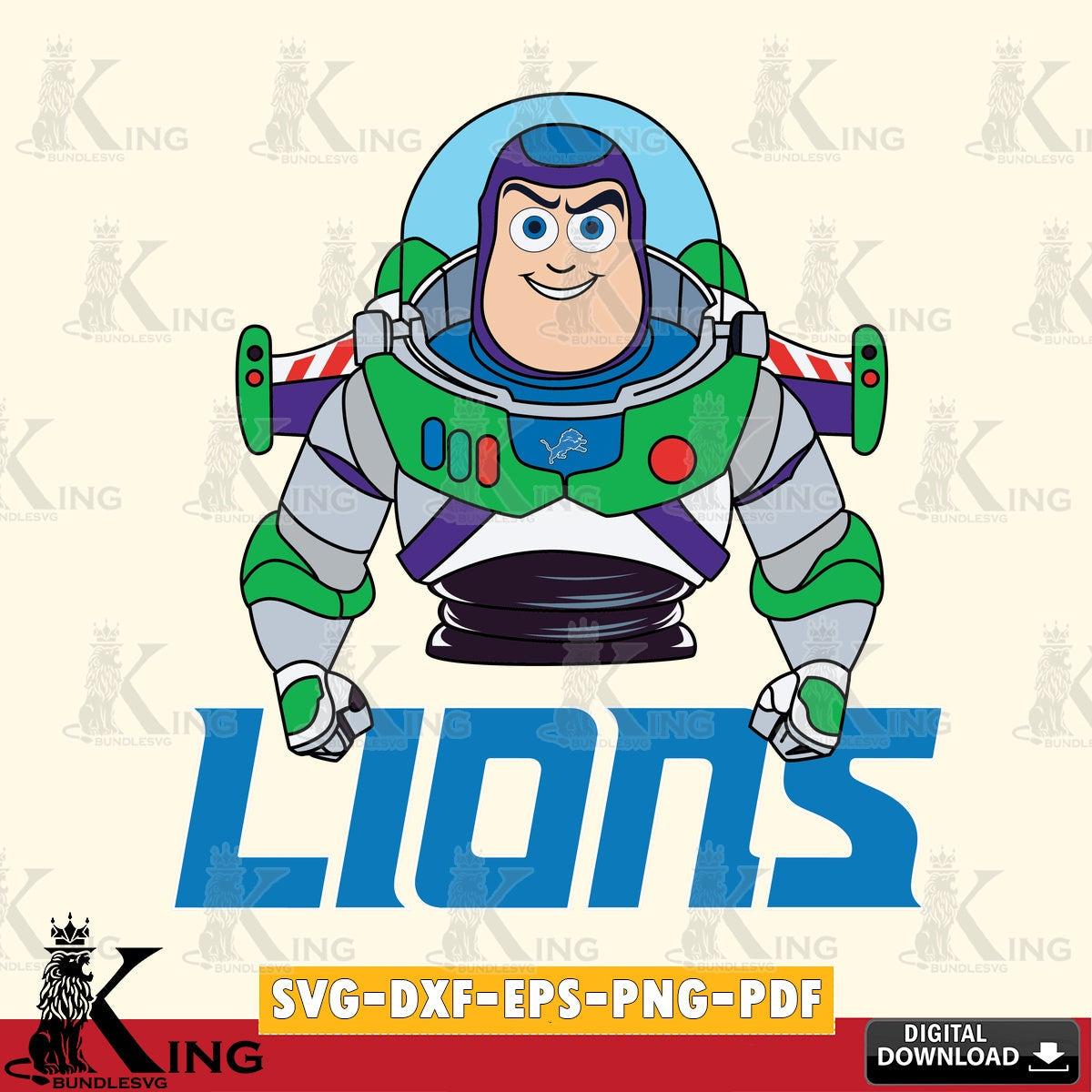 Creative design featuring Detroit Lions Buzz Lightyear football, crafting file for iron-on transfer and vinyl decals.