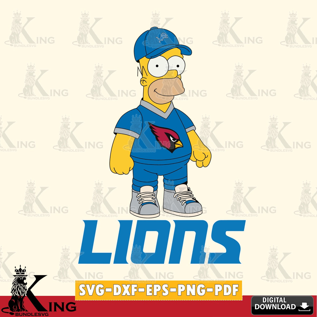 Artistic drawing of Detroit Lions Homer Simpson playing football, versatile clip art for stickers, decals, and mugs.