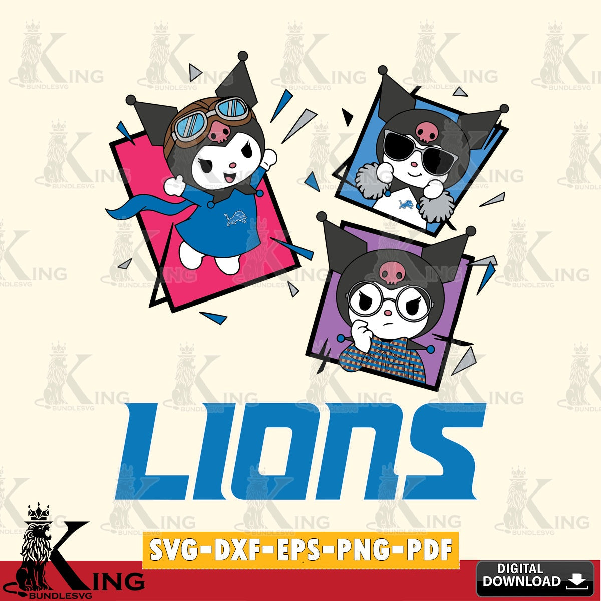 Detroit Lions Kuromi Action Football SVG file, Cricut, Cut file , Digital Download , Instant Download, Sanrio svg, Clipart
