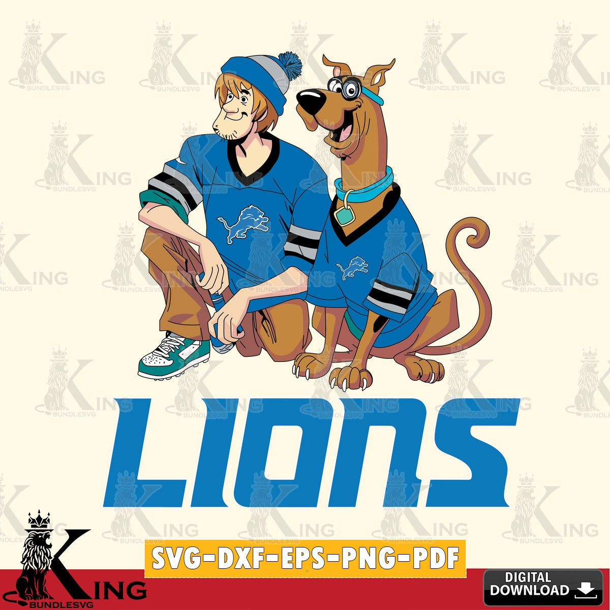 Vector design showing Detroit Lions Shaggy and Scooby Doo football, high-quality vector for DIY scrapbooking and home decor.