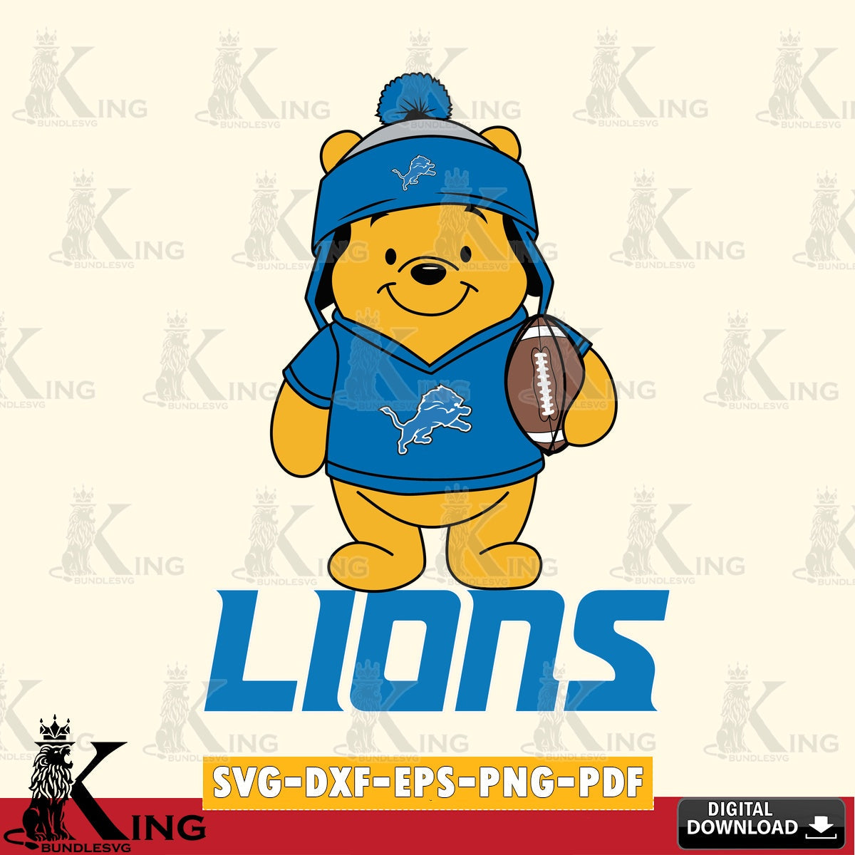 Eye-catching graphic of Detroit Lions Winnie the Pooh player in a football design, SVG PNG files perfect for Cricut and