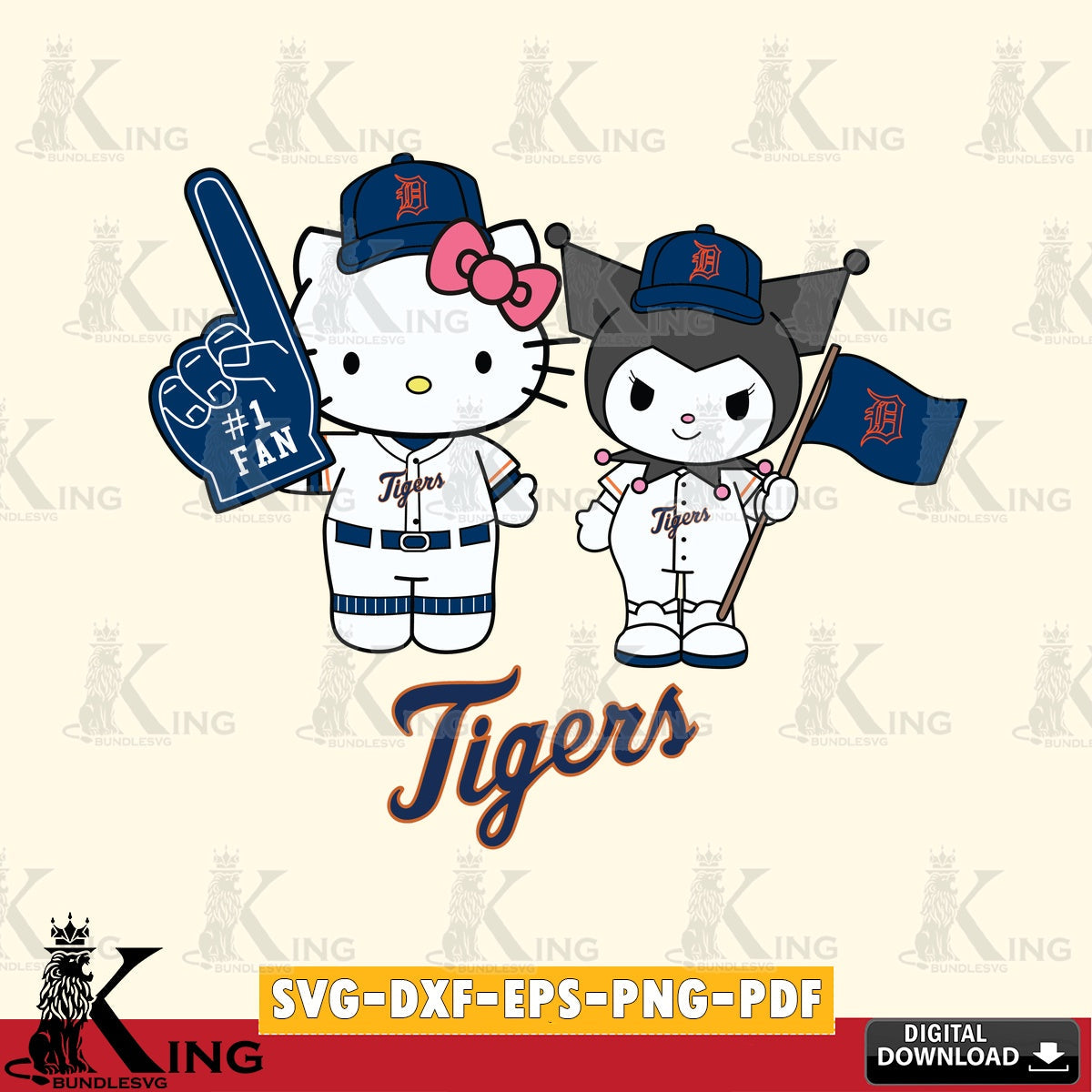 Massive pack of Detroit Tigers Hello Kitty Kuromi fan baseball, vector illustration for POD merchandise and apparel