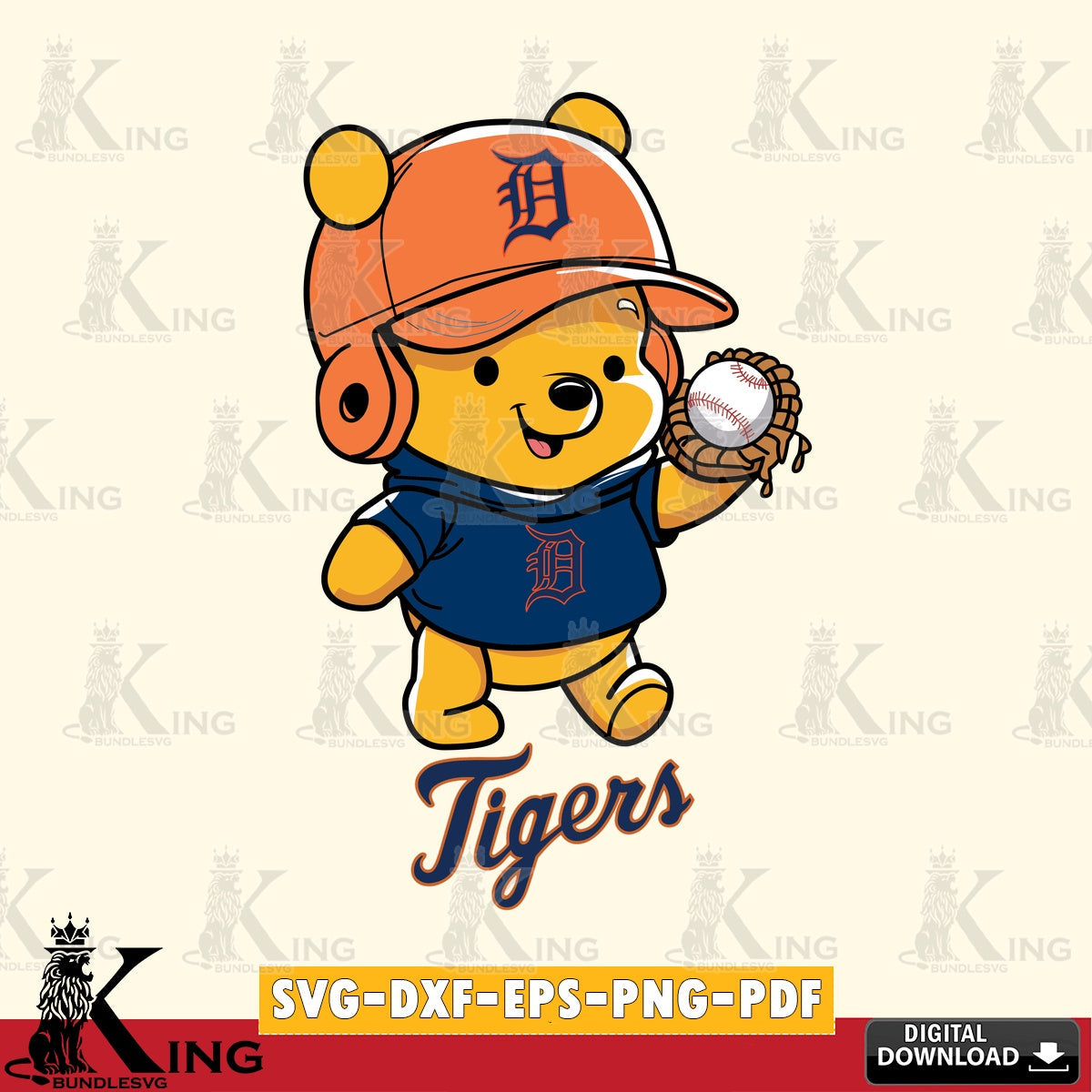 Digital download featuring Detroit Tigers Pooh Bear baseball crafting file for iron-on transfer and vinyl decals.