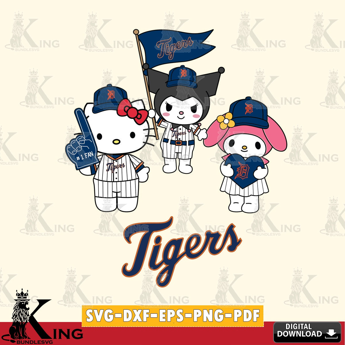 Unique artwork depicting Detroit Tigers Sanrio Squad cute, a digital download for Cricut Maker and paper crafts