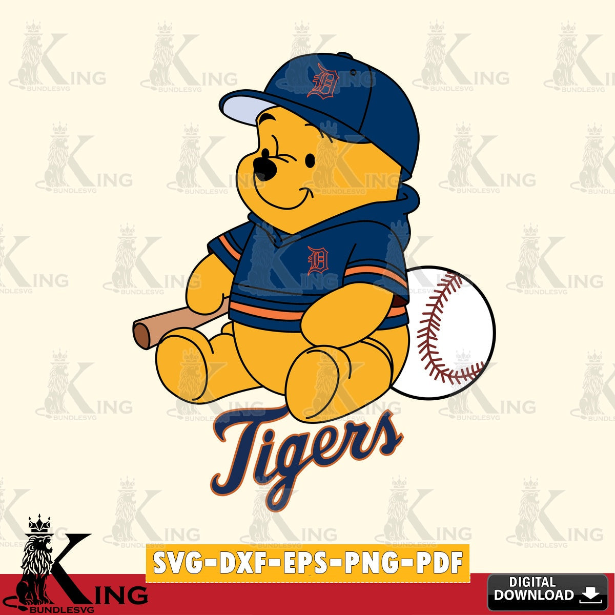Stylish representation of Detroit Tigers Winnie the Pooh baseball as a digital file for silhouette cameo and cricut projects