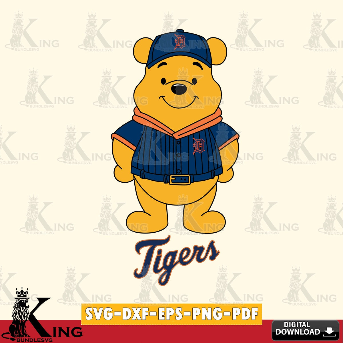 Hand-drawn style art of Detroit Tigers Winnie the Pooh Game Day, high-quality vector for DIY scrapbooking and home decor