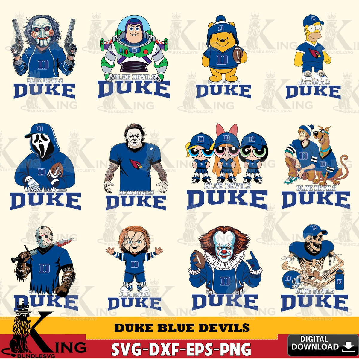 Jumbo collection of Duke Blue Devils Cartoon Football NCAA Bundle vector art for engraving, cutting, and printing