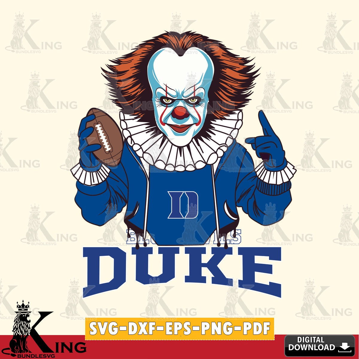 Custom design featuring Duke Blue Devils Pennywise player football, PNG clipart for sublimation printing and graphic design