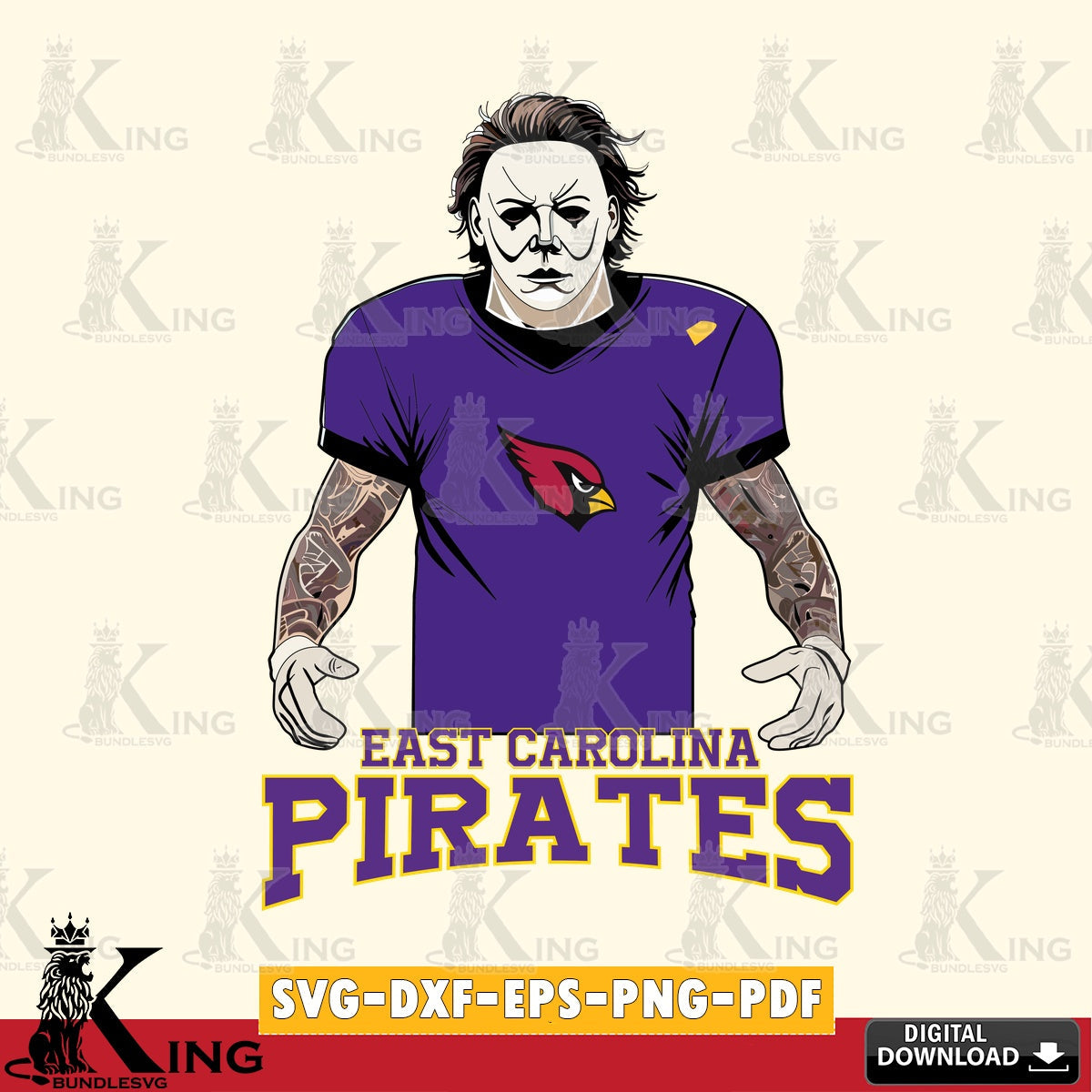 Modern graphic depicting East Carolina Pirates Michael Myers tattoo football, PNG clipart for sublimation printing and graphic