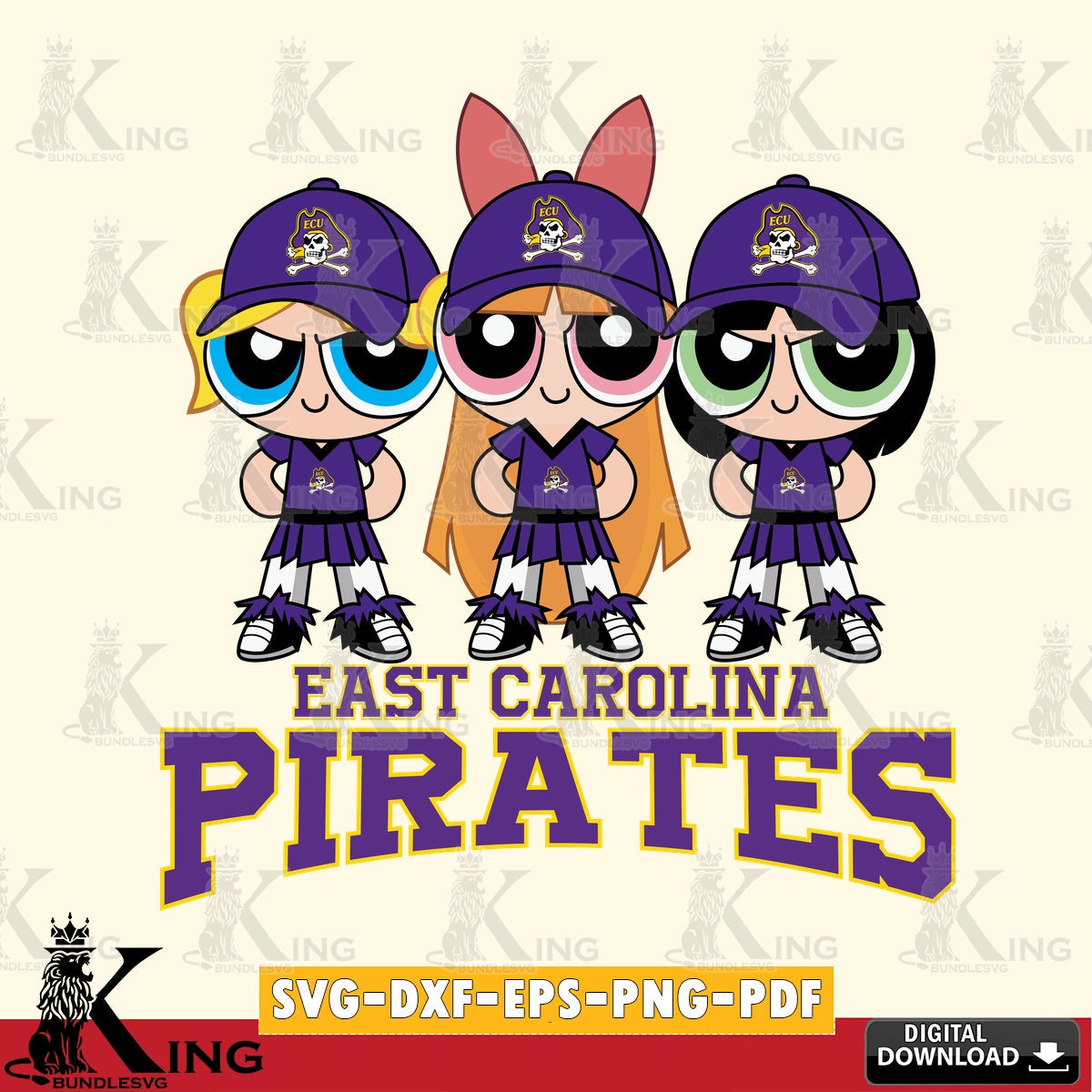 Hand-drawn style art of East Carolina Pirates PowerPuff Girls Football, NCAA SVG PNG design suitable for Glowforge and laser