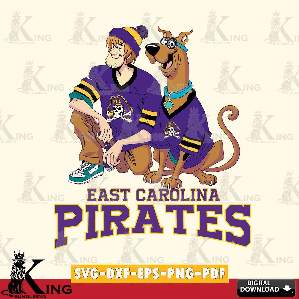 Eye-catching graphic of East Carolina Pirates Shaggy and Scooby Doo football vector illustration for POD merchandise and apparel