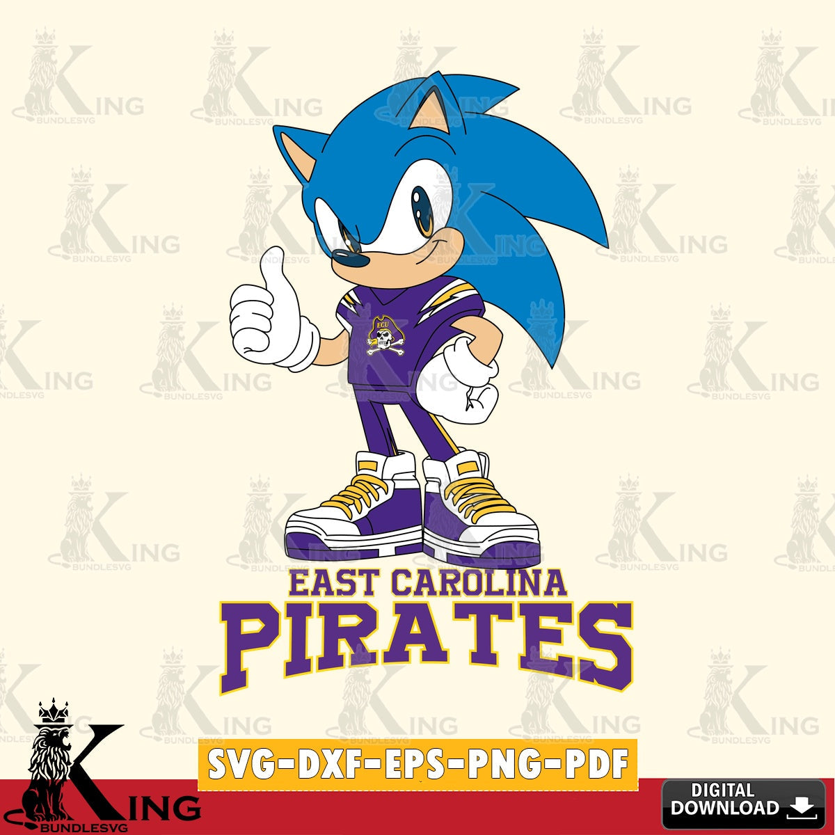 Modern graphic depicting an East Carolina Pirates Sonic Like Football, SVG PNG design suitable for Glowforge and laser cutting