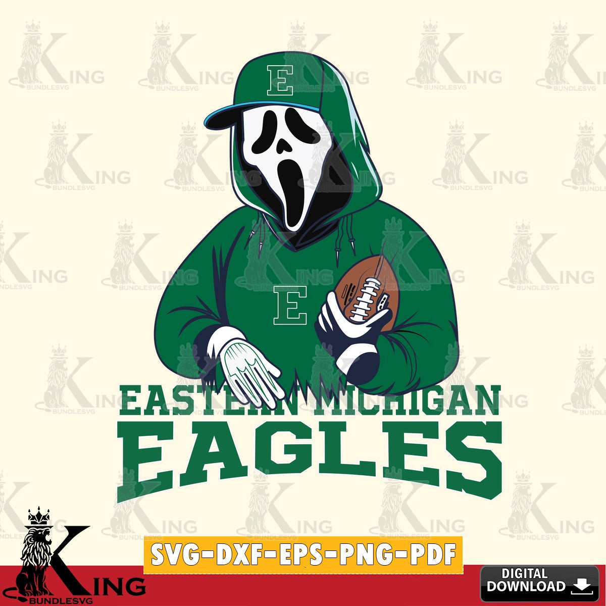 Creative design featuring an Eastern Michigan Eagles Ghostface Scream football player SVG cut file for personalized gifts and