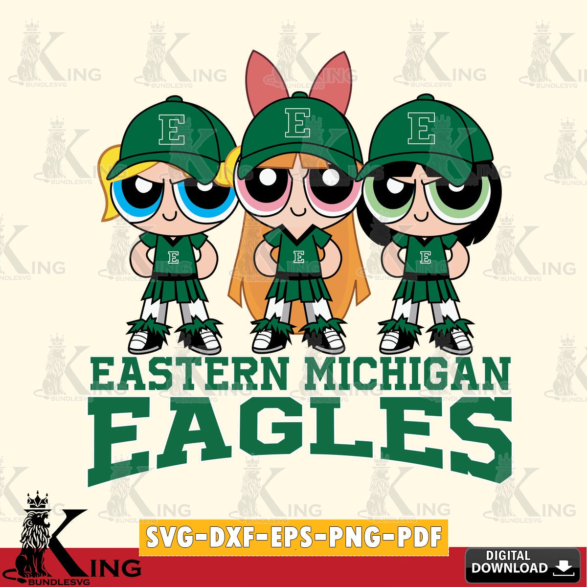 High-quality graphic of Eastern Michigan Eagles PowerPuff Girls Football, digital file for silhouette cameo and cricut projects