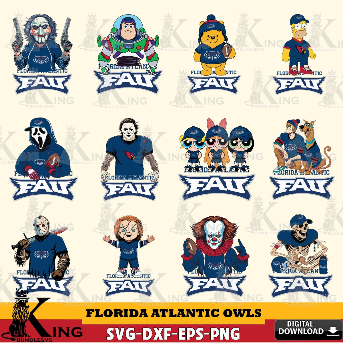 Ultimate set containing Florida Atlantic Owls Cartoon Football NCAA Bundle digital file for silhouette cameo and cricut projects