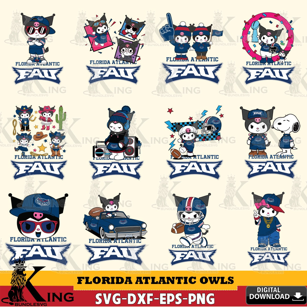 Florida Atlantic Owls Kuromi Football Jersey NCAA Bundle SVG file, Cricut, Cut file , Digital Download , Instant Download, Sanrio svg, Clipart