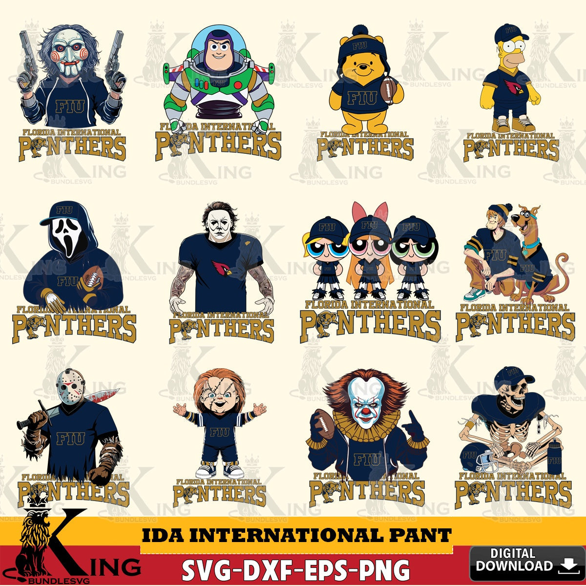 Ultimate set containing Florida International Panthers cartoon football NCAA bundle, a digital download for Cricut Maker and